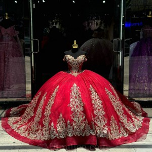 V Neck Red Quince Dress Lace Appliques Wear Pageant Off Shoulder Vestidos De 15 Anos Sequin Instagram Gowns