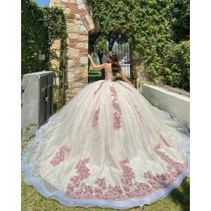 Pink Quinceanera Dress Jacket Sleeveless Pearl Lace Appliques Birthday Party Gowns Crystal V Neck Crystal Girls Ball Gown Sweet 16 Dresses