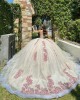 Pink Quinceanera Dress Jacket Sleeveless Pearl Lace Appliques Birthday Party Gowns Crystal V Neck Crystal Girls Ball Gown Sweet 16 Dresses