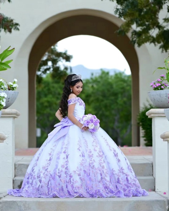 White On Lilac Vestidos De 15 Anos Sweetheart Neck Quinceanera Dress Sequin Off Shoulder Sweet 15 Gowns With Bow