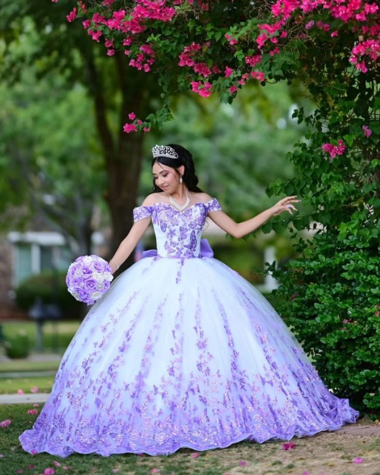 White On Lilac Vestidos De 15 Anos Sweetheart Neck Quinceanera Dress Sequin Off Shoulder Sweet 15 Gowns With Bow