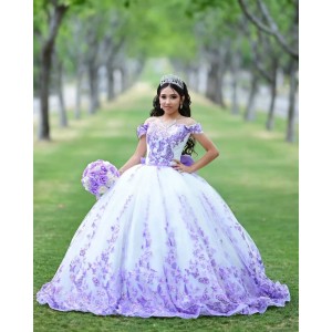 White On Lilac Vestidos De 15 Anos Sweetheart Neck Quinceanera Dress Sequin Off Shoulder Sweet 15 Gowns With Bow