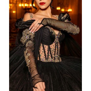 Cape Sleeve Off Shoulder Sheer Bodice Lace Appliques Black And Gold Quinceanera Dresses With Multi Color Crystals