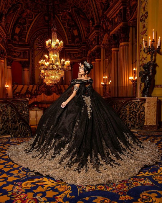 Cape Sleeve Off Shoulder Sheer Bodice Lace Appliques Black And Gold Quinceanera Dresses With Multi Color Crystals