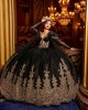 Cape Sleeve Off Shoulder Sheer Bodice Lace Appliques Black And Gold Quinceanera Dresses With Multi Color Crystals