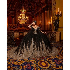 Cape Sleeve Off Shoulder Sheer Bodice Lace Appliques Black And Gold Quinceanera Dresses With Multi Color Crystals