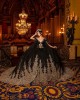 Cape Sleeve Off Shoulder Sheer Bodice Lace Appliques Black And Gold Quinceanera Dresses With Multi Color Crystals