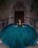 Cape Sleeve Sweetheart Neckline Rhinestone Sequins Emerald Green Quinceanera Dresses