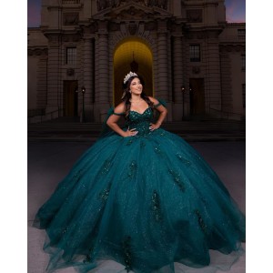 Cape Sleeve Sweetheart Neckline Rhinestone Sequins Emerald Green Quinceanera Dresses