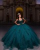 Cape Sleeve Sweetheart Neckline Rhinestone Sequins Emerald Green Quinceanera Dresses