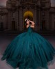 Cape Sleeve Sweetheart Neckline Rhinestone Sequins Emerald Green Quinceanera Dresses