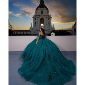 Cape Sleeve Sweetheart Neckline Rhinestone Sequins Emerald Green Quinceanera Dresses