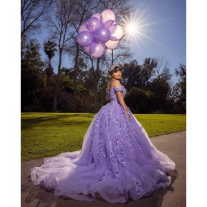 Off Shoulder Beading Lace Appliques Lavender Quinceanera Dresses With 3D Floral Appliqués