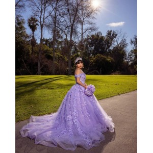 Off Shoulder Beading Lace Appliques Lavender Quinceanera Dresses With 3D Floral Appliqués