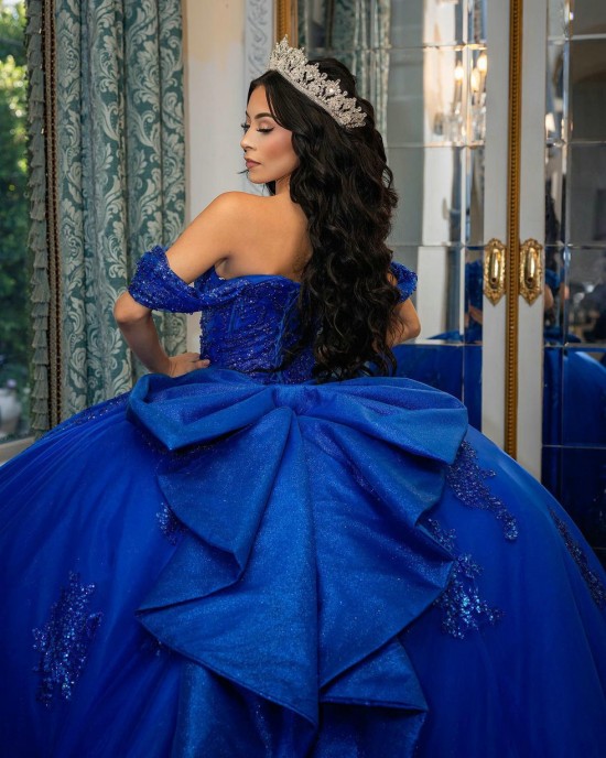 Off Shoulder Bow Sequin Royal Blue Quinceanera Dress