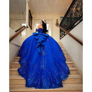 Off Shoulder Bow Sequin Royal Blue Quinceanera Dress