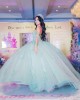 Off Shoulder Cape Sleeve Lace Appliques Mint Green Quinceanera Dresses