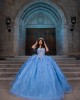 Off Shoulder Sheer Bodice Lace Appliques Light Blue Quinceanera Dresses With Bow