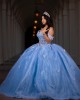 Off Shoulder Sheer Bodice Lace Appliques Light Blue Quinceanera Dresses With Bow