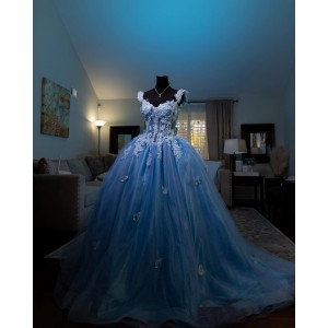 Off Shoulder Sheer Bodice Lace Appliques Light Blue Quinceanera Dresses With Bow