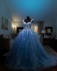 Off Shoulder Sheer Bodice Lace Appliques Light Blue Quinceanera Dresses With Bow