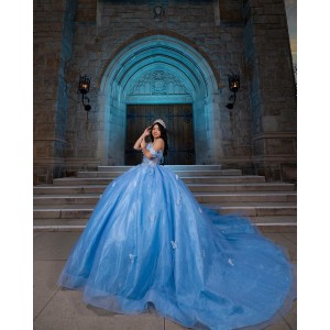 Off Shoulder Sheer Bodice Lace Appliques Light Blue Quinceanera Dresses With Bow