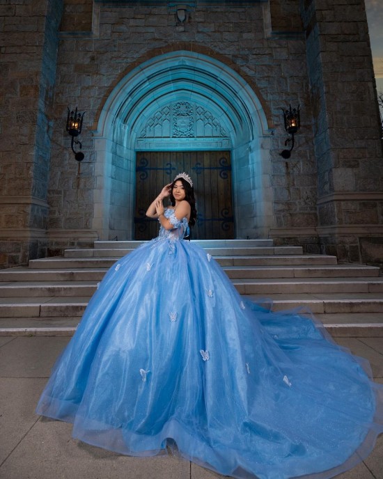 Off Shoulder Sheer Bodice Lace Appliques Light Blue Quinceanera Dresses With Bow