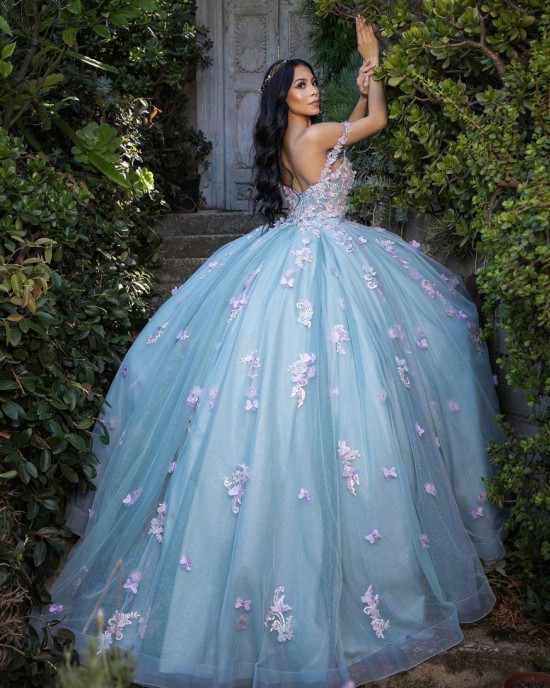 Off Shoulder Sweetheart Neckline 3D Floral Appliques Light Blue Quinceanera Dress