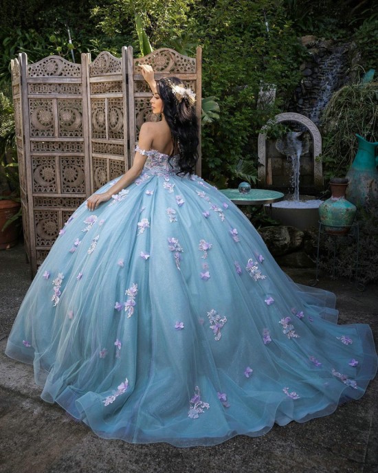 Off Shoulder Sweetheart Neckline 3D Floral Appliques Light Blue Quinceanera Dress