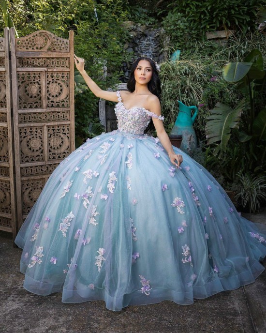 Off Shoulder Sweetheart Neckline 3D Floral Appliques Light Blue Quinceanera Dress