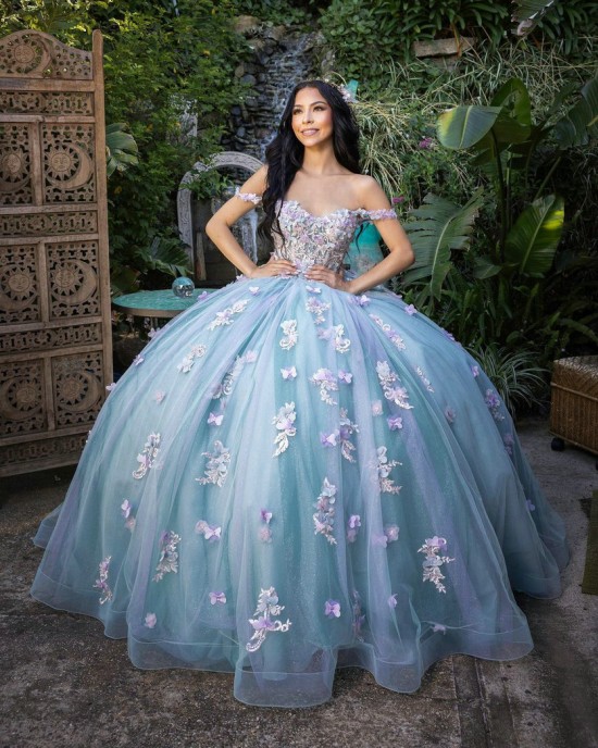 Off Shoulder Sweetheart Neckline 3D Floral Appliques Light Blue Quinceanera Dress