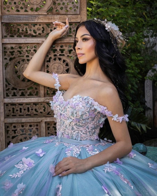 Off Shoulder Sweetheart Neckline 3D Floral Appliques Light Blue Quinceanera Dress