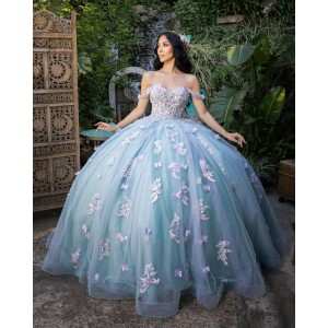 Off Shoulder Sweetheart Neckline 3D Floral Appliques Light Blue Quinceanera Dress