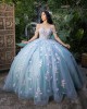 Off Shoulder Sweetheart Neckline 3D Floral Appliques Light Blue Quinceanera Dress