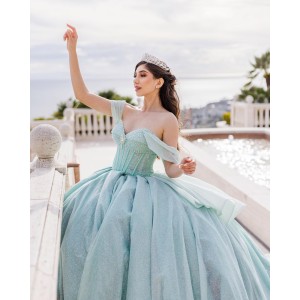 Off Shoulder Sweetheart Neckline Beaded Mint Green Quinceanera Dresses