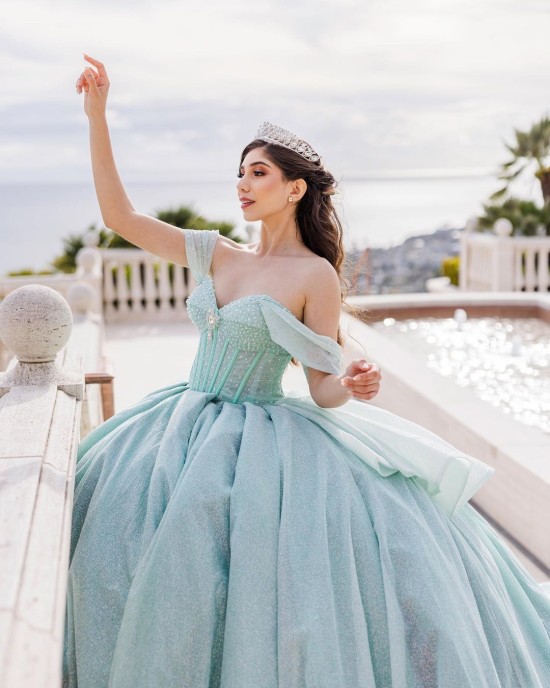 Off Shoulder Sweetheart Neckline Beaded Mint Green Quinceanera Dresses