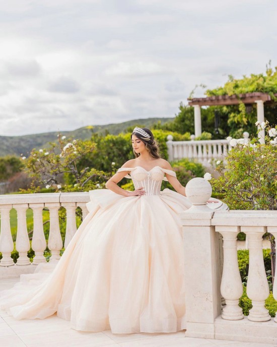 Off Shoulder Sweetheart Neckline Beaded Nude Quinceanera Dresses