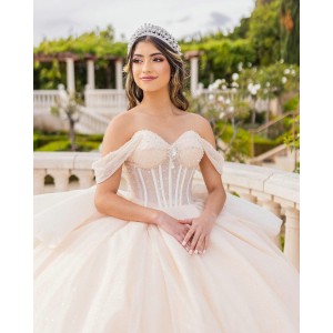 Off Shoulder Sweetheart Neckline Beaded Nude Quinceanera Dresses