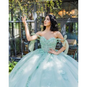 Off Shoulder Sweetheart Neckline Beading Lace Appliques Mint Green Quinceanera Dresses