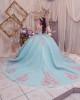 Off Shoulder Sweetheart Neckline Crystals Lace Appliques Aqua Quinceanera Dresses