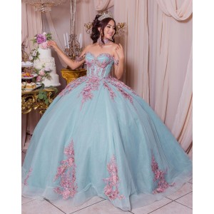 Off Shoulder Sweetheart Neckline Crystals Lace Appliques Aqua Quinceanera Dresses