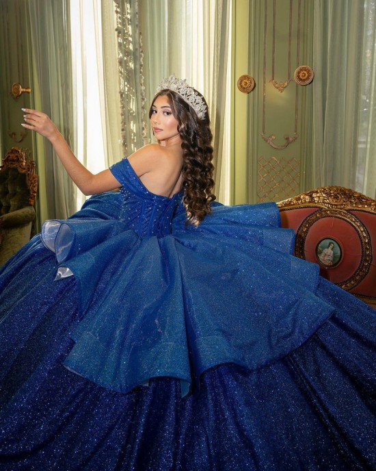 Off Shoulder Sweetheart Neckline Jeweled Metallic Sequin Navy Blue Quinceanera Dresses