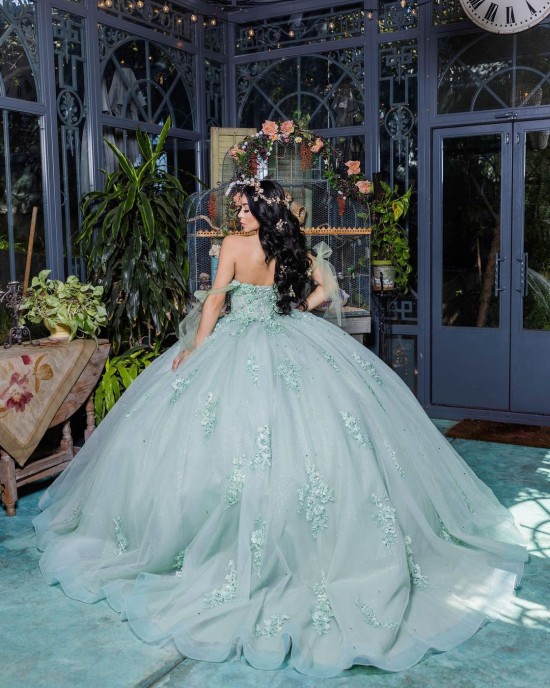 Off Shoulder Sweetheart Neckline Lace Appliques Mint Green Quinceanera Dresses