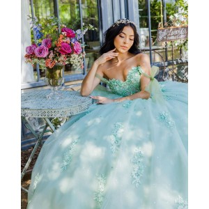 Off Shoulder Sweetheart Neckline Lace Appliques Mint Green Quinceanera Dresses