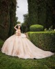 Off Shoulder Three Dimensional Embroidered Champagne Quinceanera Dress With Bow