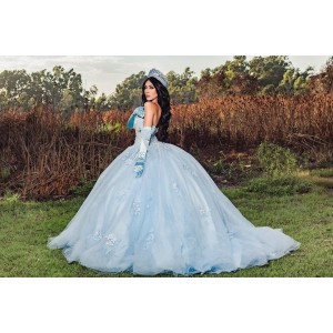 Sweetheart Neckline Lace Appliqued Long Sleeve Light Blue Quinceanera Dress