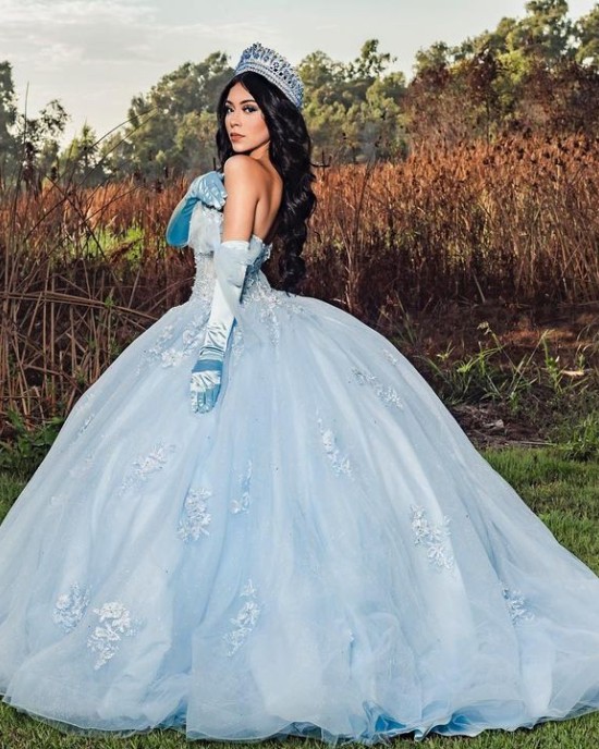 Sweetheart Neckline Lace Appliqued Long Sleeve Light Blue Quinceanera Dress