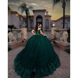 Sweetheart Neckline Lace Appliques Metallic Sequins Emerald Green Quinceanera Dress