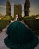 Sweetheart Neckline Lace Appliques Metallic Sequins Emerald Green Quinceanera Dress