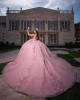 Sweetheart Neckline Off Shoulder Beading Corset Lace Appliques Pink Quinceanera Dresses